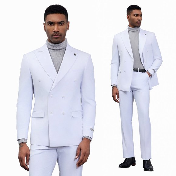 Stacy Adams Double-Breasted Peak Lapel Men's Suit, White - Picture 1 of 4